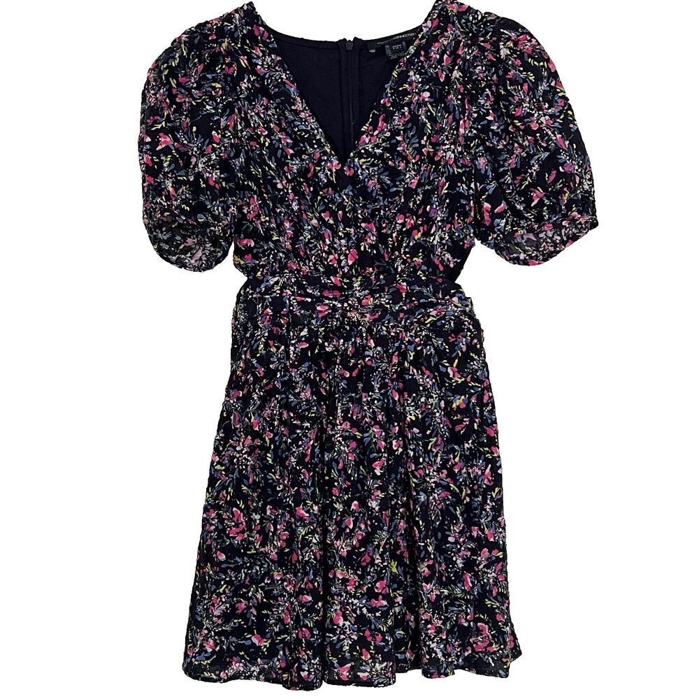 French Connection Dress 4 Ditsy Floral V-Neck Puff Sleeve Mini Cotton